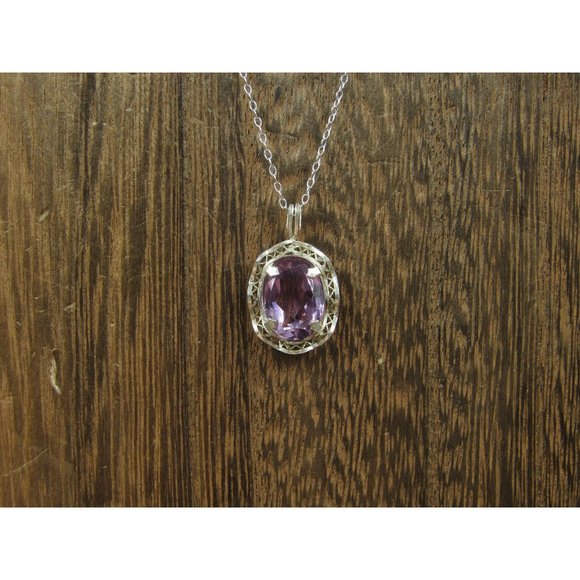 Jewelry - 18" Sterling Silver Good Size Purple Amethyst Pendant Necklace Vintage